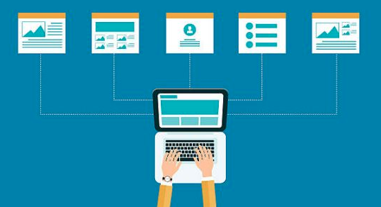 A laptop at the centre is being used and five different graphical task sheets connected to it